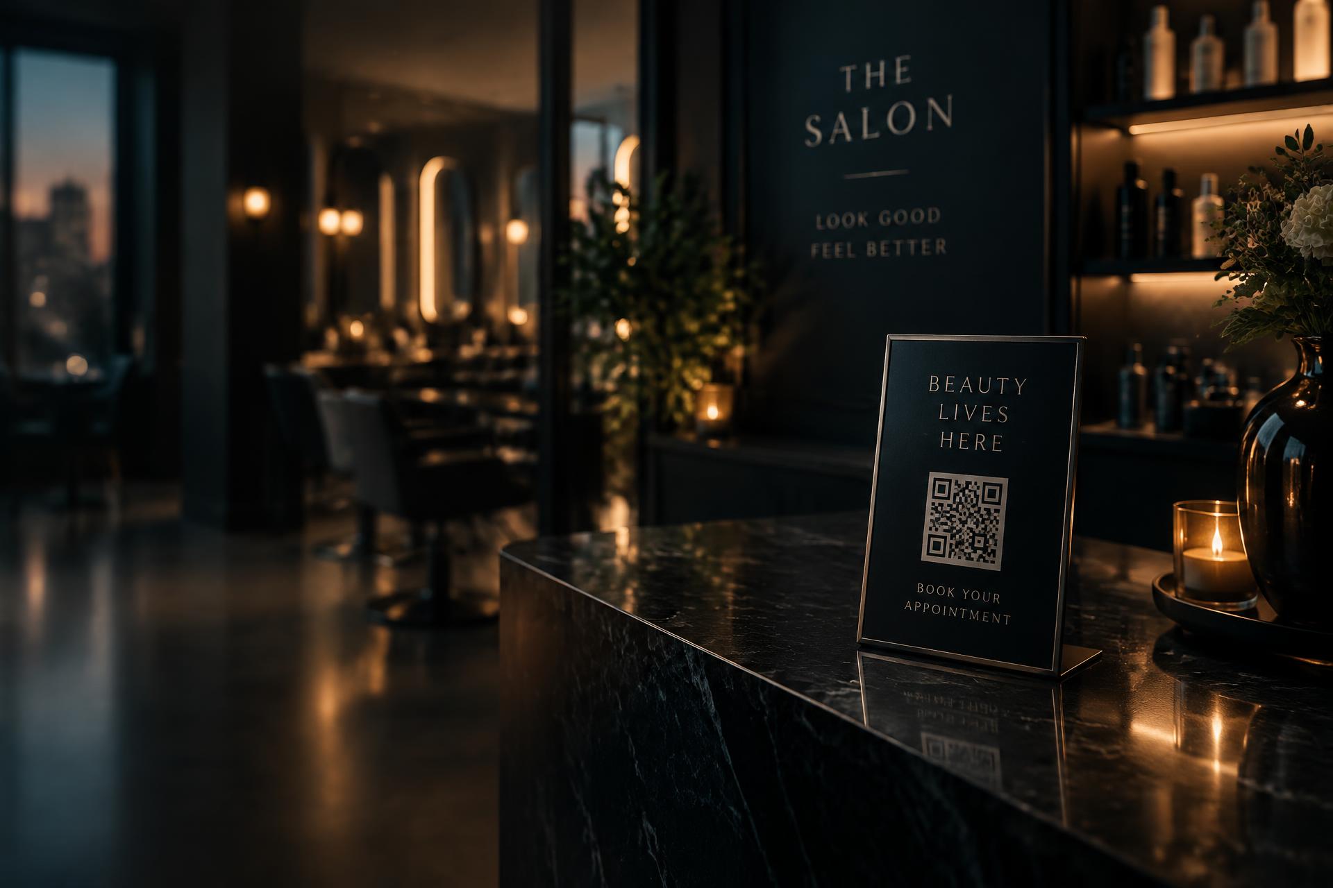 A QR code card on the counter of a stylish salon at dusk